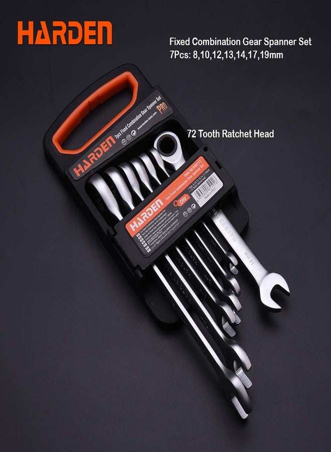 Harden 7 Pieces (8, 10, 12, 13, 14, 17, 19mm Sizes) Fixed Combination Gear Spanner Set with 72 Tooth Ratchet Head - 540117 - Image 2